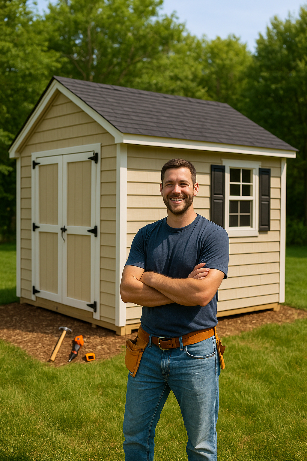 Builder in front of a shed